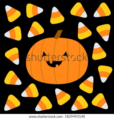Happy Halloween. Candy corn, pumpkin with smiling face. Cute cartoon kawaii funny baby character set. Sweet triangle food. Flat design. Black background. Greeting card. Isolated. Vector illustration