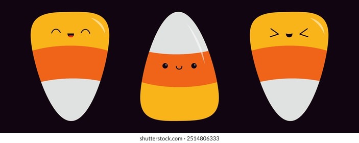 Happy Halloween. Candy corn set with funny faces. Different emotions. Cute cartoon kawaii character. Striped triangle sweet food. Greeting card. Childish style. Flat design. Black background. Vector