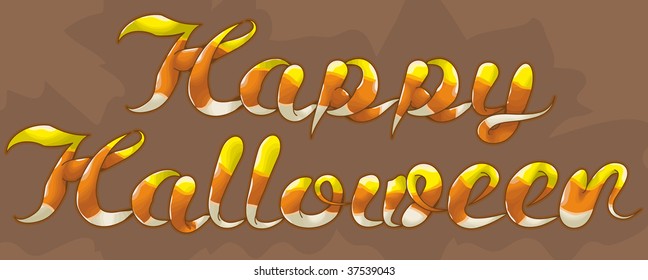 Happy Halloween candy corn text. Hand drawn text illustration. Top outlines, yellow section, white sections and main shading are all on separate layers.