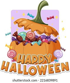 Happy Halloween and candy in pumpkin bucket illustration