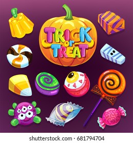 Happy Halloween Candy Set. Trick Or Treat. Vector Illustration Holidays Sweets