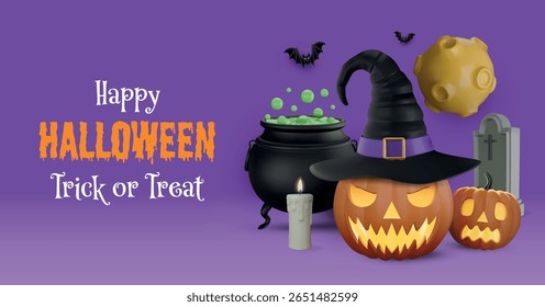 happy halloween card with 3d pumpkin with witch hat and witch pot