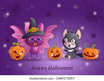 Happy Halloween card with amusing cartoon bat, black cat and laughing pumpkins. Vector illustration.