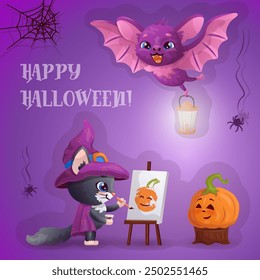 Happy Halloween card with amusing cartoon black cat in witch's hat, cute smiling pumpkin and bat. Vector illustration.