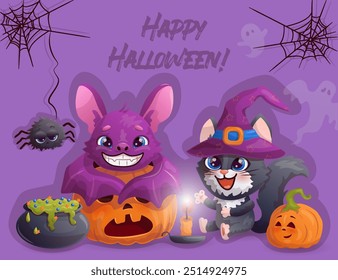 Happy Halloween card with amusing cartoon black cat in witch's hat, bat, spider and cute smiling pumpkin. Vector illustration.