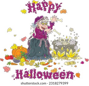 Happy Halloween-Karte mit einer wütenden alten Hexe, die ihre Zauber flüstert und einen magischen Brot mit Knochen, Gemüse und Gewürzen in einem großen Kessel kocht, Vektorgrafik auf Weiß