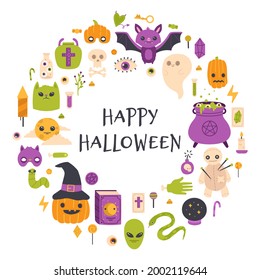 Happy halloween card. Autumn halloween pumpkin, bat and witch cauldron party invitation vector illustration. Cute halloween symbols poster. Autumn pumpkin halloween, witchcraft and spooky holiday