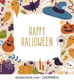 Happy Halloween card background. Promo post template design, square frame with doodle pumpkins, funny spiders, web, bat for Helloween holiday party. Childish colored flat vector illustration