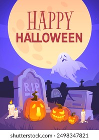 Happy halloween card background. Scary cemetery banner. Vector illustration