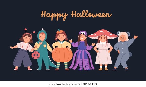 Happy Halloween card, banner background with kids disguised in party costumes. Children on October holiday night. Smiling kindergarten boys and girls friends. Colored flat vector illustration