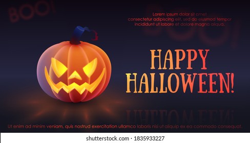 Happy Halloween card, banner  with luminous, luminescent orange pmpkin with soft touch feeling with spooky smile, face  and letters. Dark background. Vector illustration. 