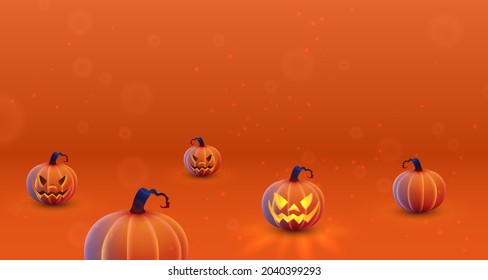 Happy Halloween card, banner  with luminous, luminescent orange pmpkin with soft touch feeling with spooky smile, face and bokeh. Ginger background. Vector illustration. 