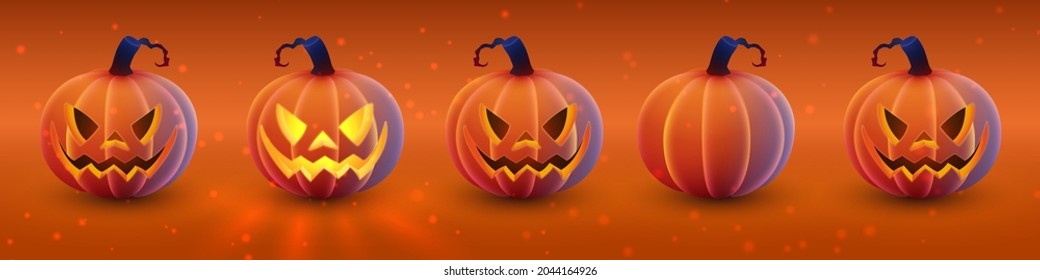 Happy Halloween card, banner  with luminous, luminescent orange pmpkin with soft touch feeling with spooky smile, face and bokeh. Ginger background. Vector illustration. 