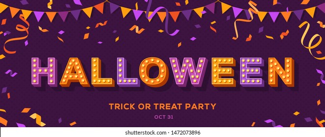 Happy Halloween card or banner with typography design on violet background. Vector illustration with retro light bulbs font, streamers, confetti and hanging flag garlands.