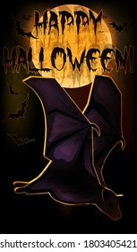 Happy Halloween card, bat and full moon, vector illustration