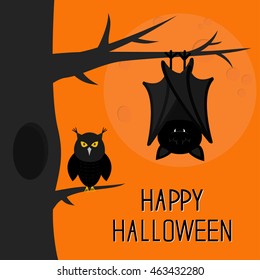 Happy Halloween card. Bat hanging on tree. Hollow and owl bird. Closed wings. Cute cartoon character. Baby illustration collection. Flat design. Orange background Big moon. Vector illustration