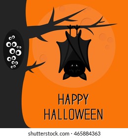Happy Halloween card  Bat hanging tree  Hollow and eyes in the dark  Closed wings  Cute cartoon character  Baby illustration collection  Flat design  Orange background Big moon Vector illustration