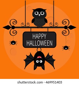 Happy Halloween card. Bat hanging on wrought iron sign board. Owl bird, spider dash line web. Cute cartoon baby character set. Flat design. Orange background Big moon. Vector illustration
