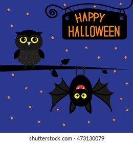 Happy Halloween card. Bat hanging on tree. Wrought iron sign board. Owl bird. 