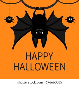 Happy Halloween card of bat hanging and spider with dash line web. Flat vector design, isolated on orange background.