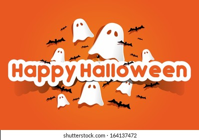 Happy Halloween card With Bats And Ghosts On Orange Background vector illustration