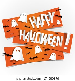 Happy Halloween card With Bats And Ghosts On Orange Banners vector illustration