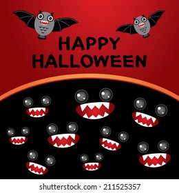 Happy Halloween  card. Bats, monsters. Black and red Vector
