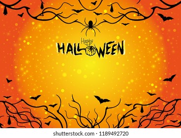 Happy Halloween card with bats, spooky branches, spider, pumpkin and hand lettering on an orange glowing background