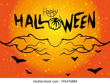 Happy Halloween card with bats, spooky branches, pumpkin and hand lettering on an orange glowing background