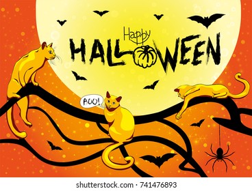 Happy Halloween card with bats, spooky branches, spider, cats, pumpkin and the moon, hand lettering on an orange glowing background