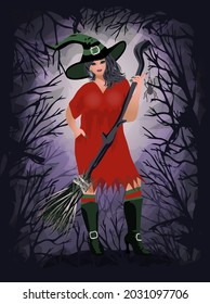 Happy halloween card with beautiful witch, vector illustration