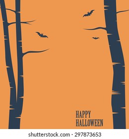 Happy halloween card. Birch trees and bats silhouettes. Simple holiday greeting or party invitation. Space for text. Eps10 vector illustration.