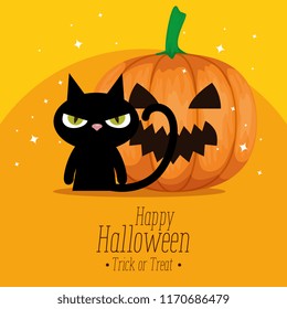 happy halloween card with black cat and pumpkin