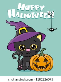 happy halloween card. black cat with witch hat and a pumpkin