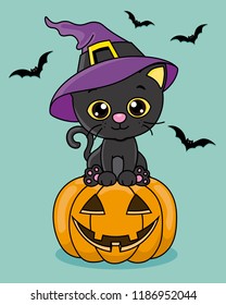 happy halloween card. black cat with witch hat and a pumpkin