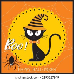 Happy halloween card with black cat and spider