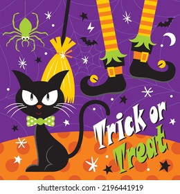 Happy halloween card with black cat and witch legs