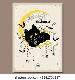 tarjeta de halloween feliz con gato negro durmiendo en la luna