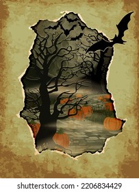 Happy Halloween card, black forest and pumpkin, vector illustration