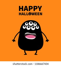 Happy Halloween card. Black monster silhouette. Cute cartoon scary funny character. Baby collection. Many eyes, fang tooth, tongue, hands. Orange background. Isolated Flat design. Vector illustration