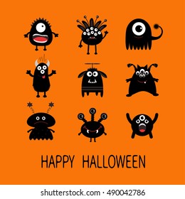 Happy Halloween card. Black monster big set. Cute cartoon scary silhouette character. Baby collection. Orange background. Isolated. Flat design. Vector illustration.