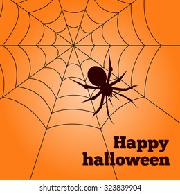 Happy Halloween card. black spider on the web. Text Banner. 