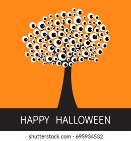 Happy Halloween card. Black tree silhouette Branch with eyes. Cartoon eyeball. Spooky apple of eye set. Baby illustration collection. Flat design. Orange background. Vector illustration