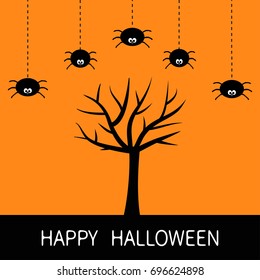Happy Halloween card. Black tree silhouette. Plant branch. Spider hanging Dash line. Cute cartoon character set. Spooky baby illustration collection. Flat design. Orange background Vector illustration