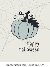 Happy Halloween card with blue pastel pumpkin and spider web. Vector illustration
