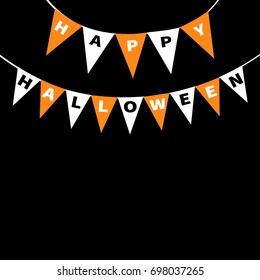 Happy Halloween card of Bunting flags pack letters. Flag garland. Party decoration element. Orange white triangle set. Flat design. Black background. Vector illustration