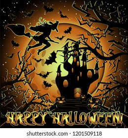Happy Halloween card with castle and witch on a broomstick , vector illustration