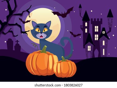 happy halloween card with cat and pumpkin in castle scene vector illustration design