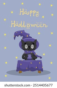 Happy Halloween card. A cat sits in front of a magic ball at a table with a purple tablecloth with stars. Postcard on a blue background with yellow stars. For card, postcards, banner, poster.