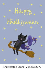 Happy Halloween card. A cat sits on the broom on a blue background with stars. For card, postcards, banner, poster.